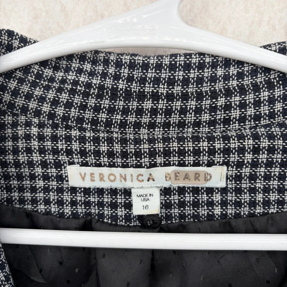 Veronica Beard Navy White Check Cotton Blazer Jacket Crest Button Womens 16
